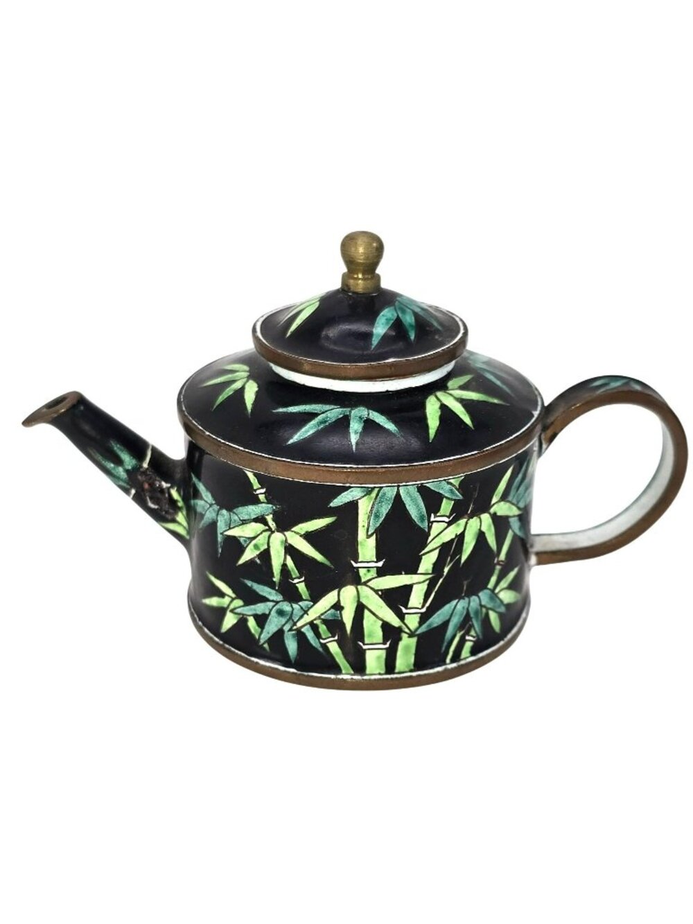 Chinese Enamel Bamboo Teapot With Lid Vintage Black and Green JE119